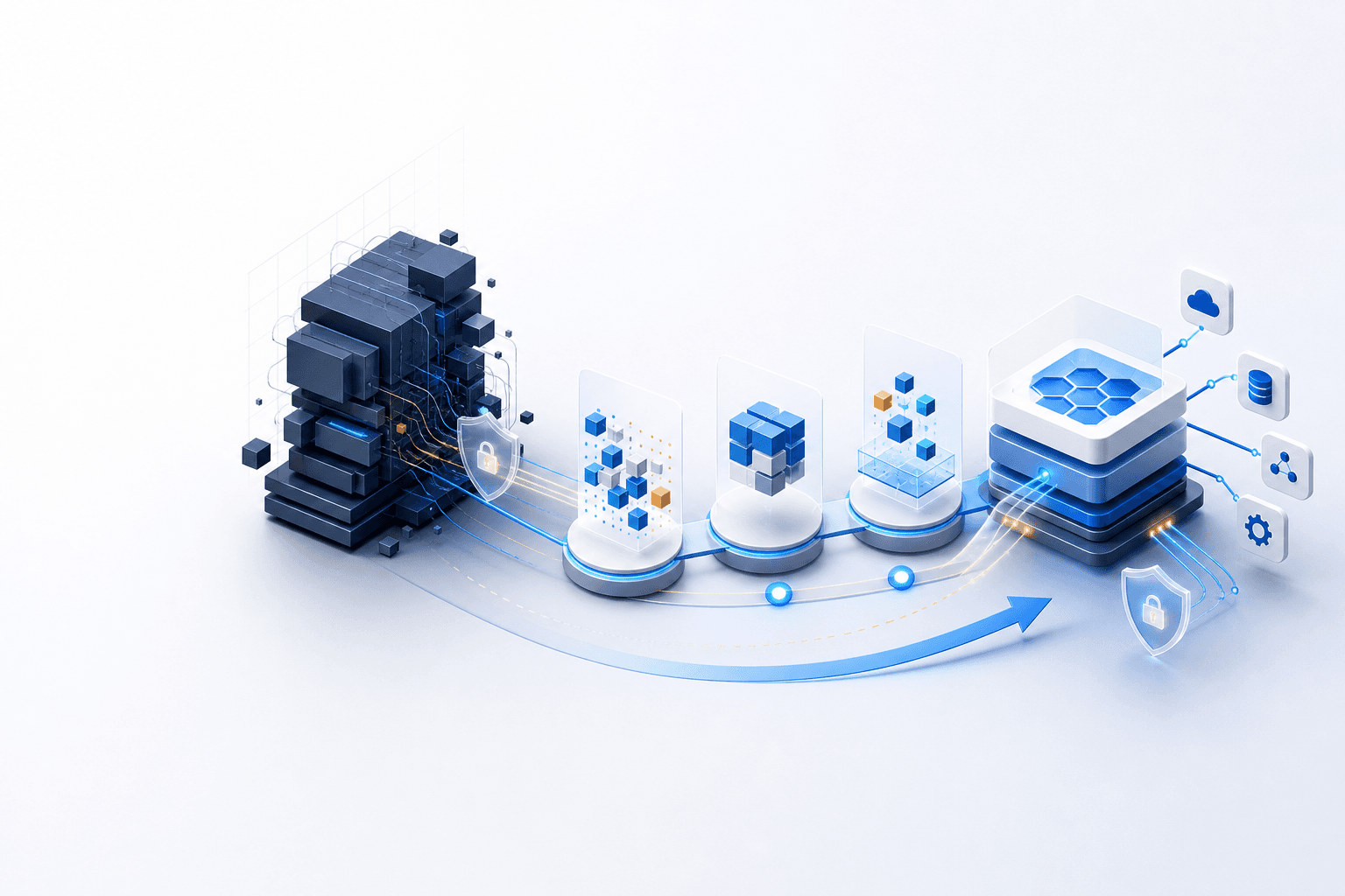 Illustration d'une modernisation progressive : une application historique évolue par étapes vers un système métier connecté et fiable